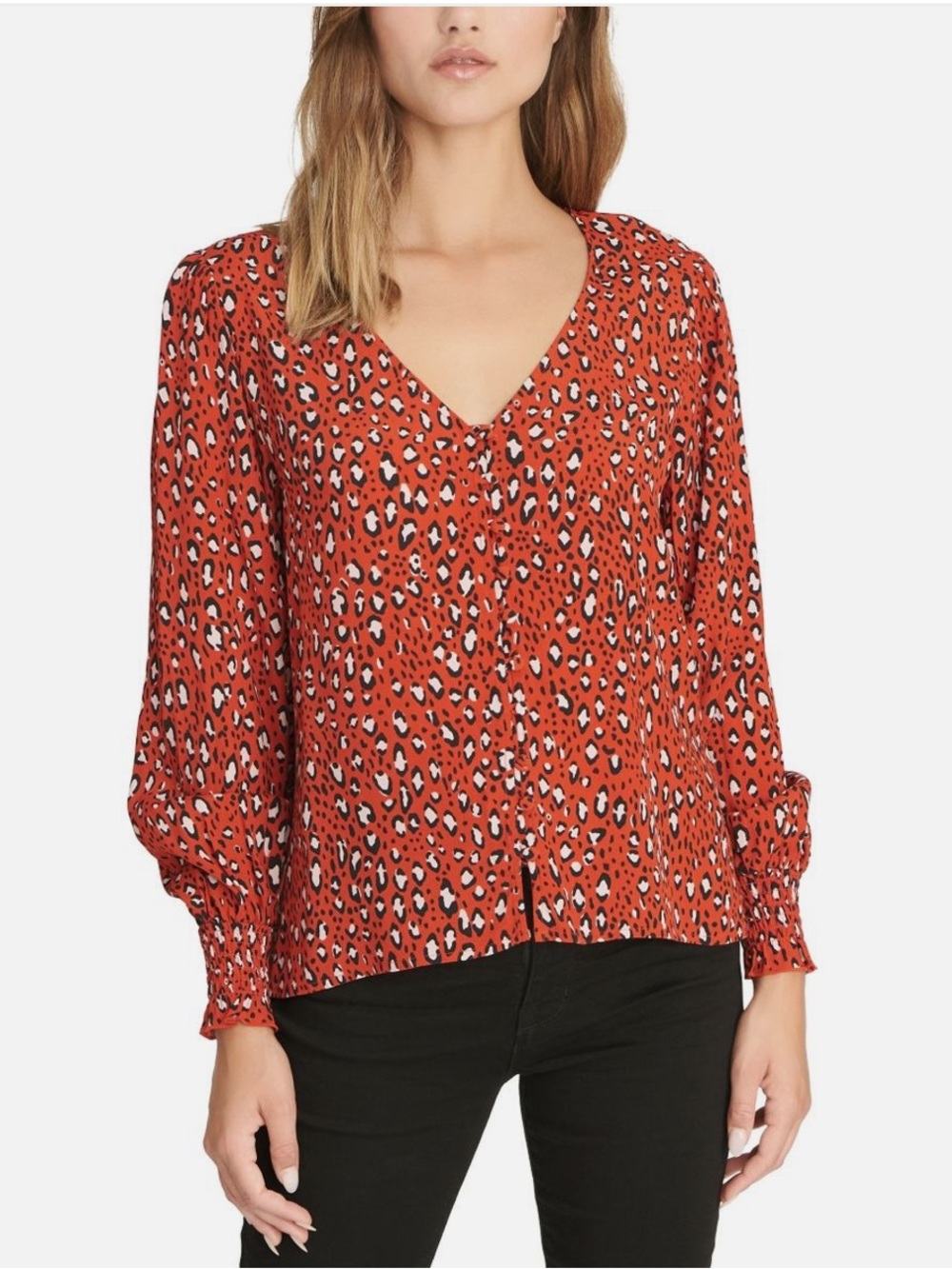 Sanctuary Noelle Smocked Sleeve Red Leopard Print V-Neck Blouse Size Large